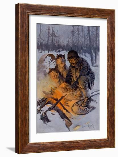 Snowshoe Traveler and His Arctic Dog-Team at a Campfire-null-Framed Giclee Print