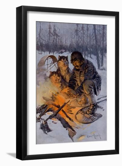 Snowshoe Traveler and His Arctic Dog-Team at a Campfire-null-Framed Giclee Print