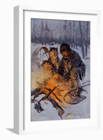 Snowshoe Traveler and His Arctic Dog-Team at a Campfire-null-Framed Giclee Print