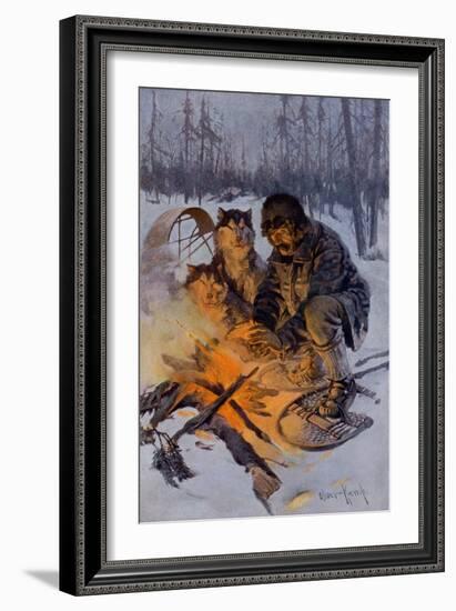 Snowshoe Traveler and His Arctic Dog-Team at a Campfire-null-Framed Giclee Print