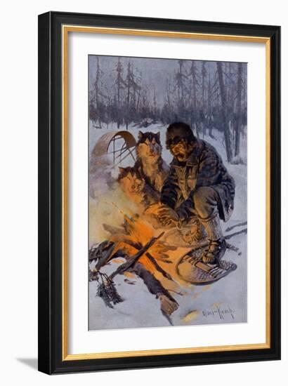 Snowshoe Traveler and His Arctic Dog-Team at a Campfire-null-Framed Giclee Print