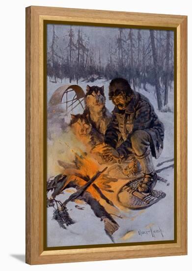 Snowshoe Traveler and His Arctic Dog-Team at a Campfire-null-Framed Premier Image Canvas