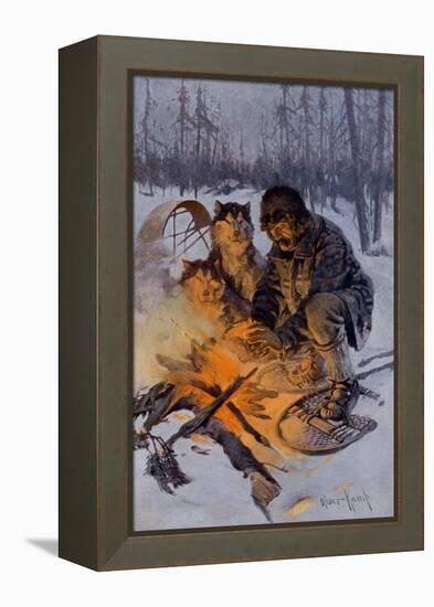 Snowshoe Traveler and His Arctic Dog-Team at a Campfire-null-Framed Premier Image Canvas