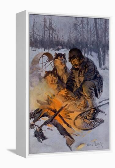 Snowshoe Traveler and His Arctic Dog-Team at a Campfire-null-Framed Premier Image Canvas