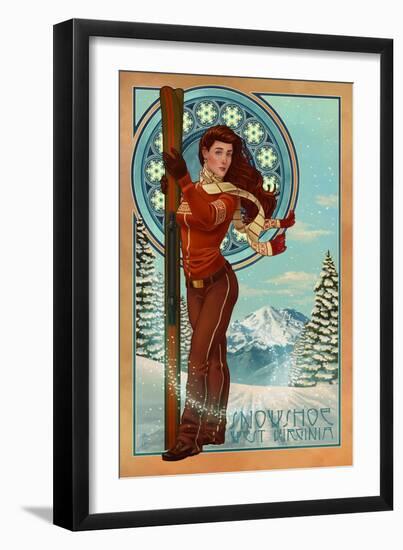 Snowshoe, West Virginia - Art Nouveau Skier-Lantern Press-Framed Art Print