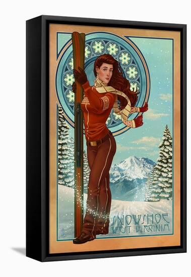 Snowshoe, West Virginia - Art Nouveau Skier-Lantern Press-Framed Stretched Canvas