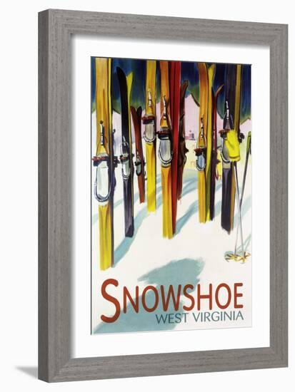 Snowshoe, West Virginia - Colorful Skis-Lantern Press-Framed Art Print