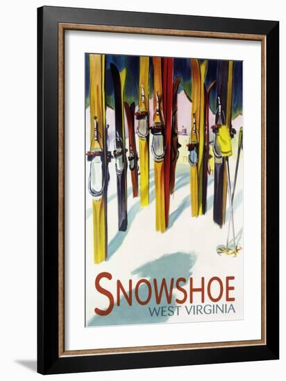 Snowshoe, West Virginia - Colorful Skis-Lantern Press-Framed Art Print