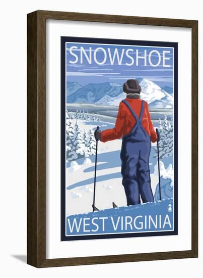 Snowshoe, West Virginia - Skier Admiring View-Lantern Press-Framed Art Print