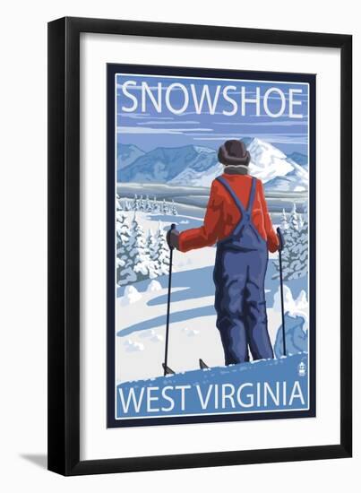 Snowshoe, West Virginia - Skier Admiring View-Lantern Press-Framed Art Print