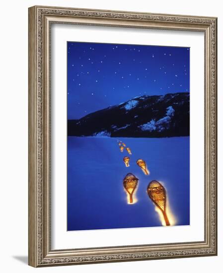Snowshoes Lighted By Flashlight Across Lake Mcdonald, Glacier National Park, Montana, USA-Chuck Haney-Framed Photographic Print