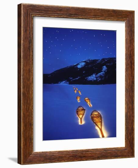 Snowshoes Lighted By Flashlight Across Lake Mcdonald, Glacier National Park, Montana, USA-Chuck Haney-Framed Photographic Print