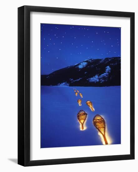 Snowshoes Lighted By Flashlight Across Lake Mcdonald, Glacier National Park, Montana, USA-Chuck Haney-Framed Photographic Print