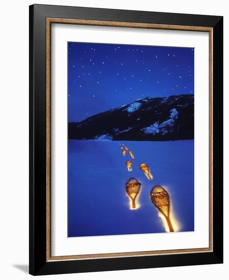 Snowshoes Lighted By Flashlight Across Lake Mcdonald, Glacier National Park, Montana, USA-Chuck Haney-Framed Photographic Print