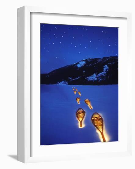 Snowshoes Lighted By Flashlight Across Lake Mcdonald, Glacier National Park, Montana, USA-Chuck Haney-Framed Photographic Print