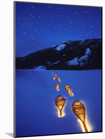 Snowshoes Lighted By Flashlight Across Lake Mcdonald, Glacier National Park, Montana, USA-Chuck Haney-Mounted Photographic Print