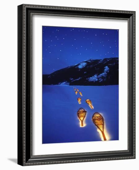 Snowshoes Lighted By Flashlight Across Lake Mcdonald, Glacier National Park, Montana, USA-Chuck Haney-Framed Photographic Print