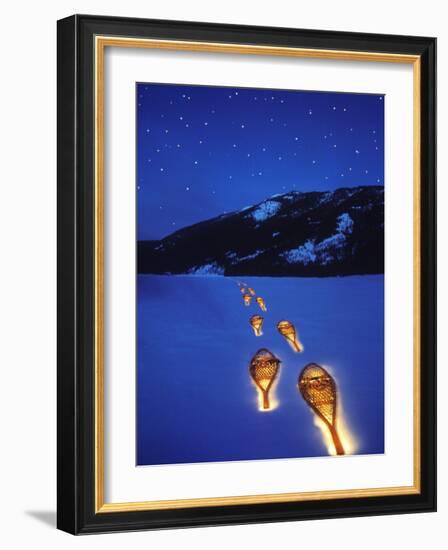 Snowshoes Lighted By Flashlight Across Lake Mcdonald, Glacier National Park, Montana, USA-Chuck Haney-Framed Photographic Print