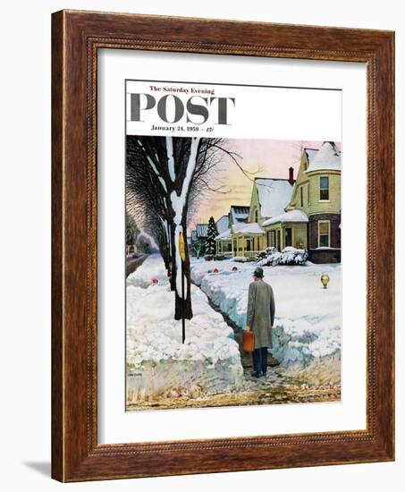 "Snowy Ambush" Saturday Evening Post Cover, January 24, 1959-John Falter-Framed Giclee Print