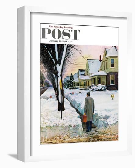 "Snowy Ambush" Saturday Evening Post Cover, January 24, 1959-John Falter-Framed Giclee Print