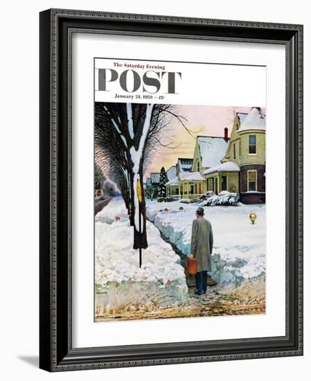 "Snowy Ambush" Saturday Evening Post Cover, January 24, 1959-John Falter-Framed Giclee Print