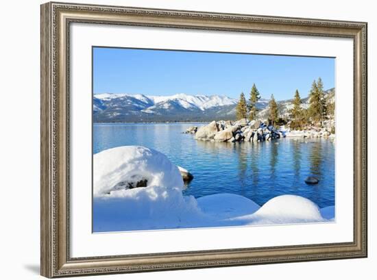 Snowy Covered Lake Tahoe Shore-null-Framed Premium Giclee Print