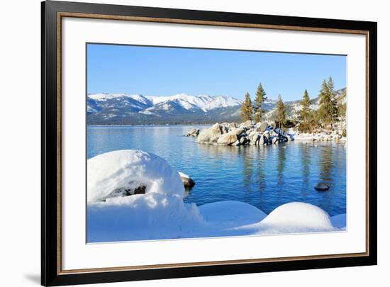 Snowy Covered Lake Tahoe Shore-null-Framed Premium Giclee Print