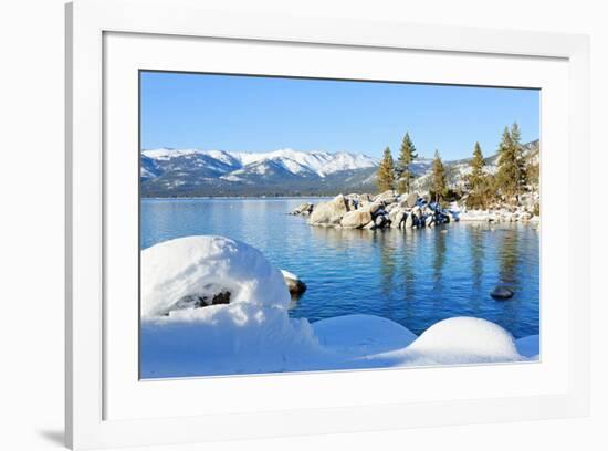 Snowy Covered Lake Tahoe Shore-null-Framed Premium Giclee Print