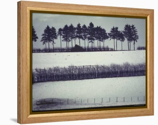 Snowy Landscape Frames Single American Tank Moving Along Distant Road During Battle of the Bulge-George Silk-Framed Premier Image Canvas