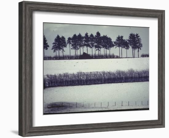 Snowy Landscape Frames Single American Tank Moving Along Distant Road During Battle of the Bulge-George Silk-Framed Photographic Print