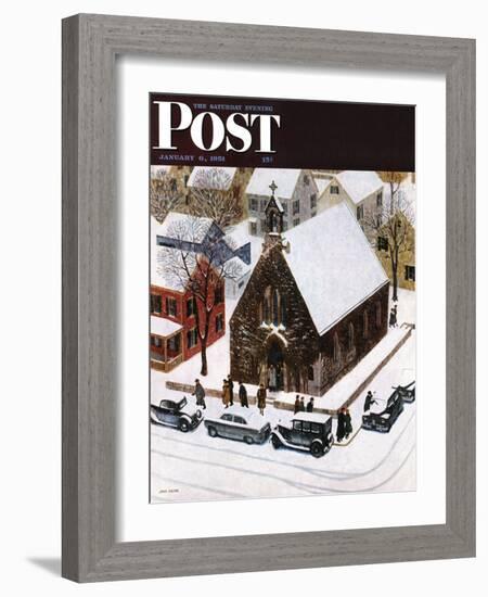 "Snowy Morning at Church" Saturday Evening Post Cover, January 6, 1951-John Falter-Framed Giclee Print