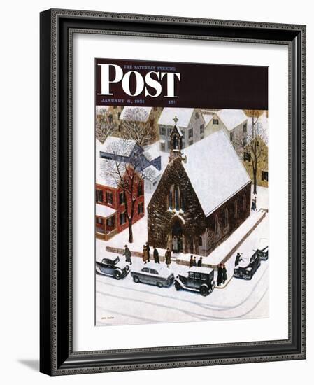 "Snowy Morning at Church" Saturday Evening Post Cover, January 6, 1951-John Falter-Framed Giclee Print