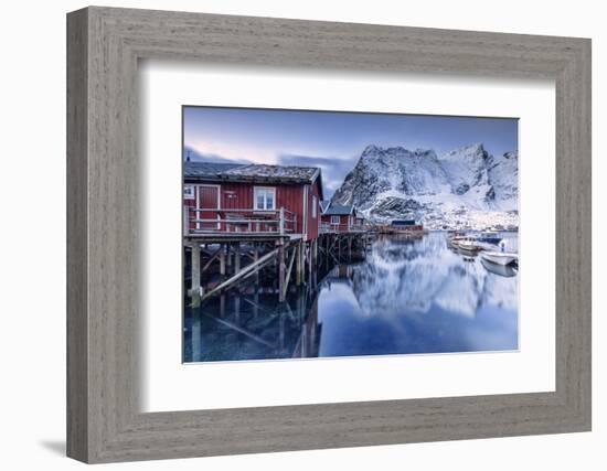 Snowy Mountains and the Typical Red Houses Reflected in the Cold Sea at Dusk-Roberto Moiola-Framed Photographic Print