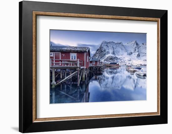 Snowy Mountains and the Typical Red Houses Reflected in the Cold Sea at Dusk-Roberto Moiola-Framed Photographic Print