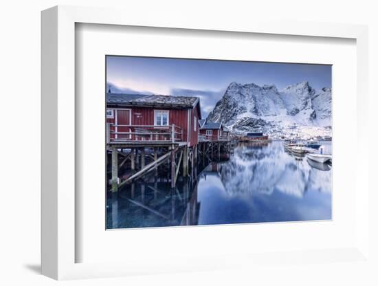 Snowy Mountains and the Typical Red Houses Reflected in the Cold Sea at Dusk-Roberto Moiola-Framed Photographic Print