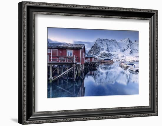 Snowy Mountains and the Typical Red Houses Reflected in the Cold Sea at Dusk-Roberto Moiola-Framed Photographic Print