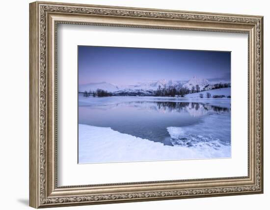 Snowy Peaks are Reflected in the Frozen Lake Jaegervatnet at Dusk, Lapland-Roberto Moiola-Framed Photographic Print