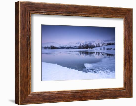 Snowy Peaks are Reflected in the Frozen Lake Jaegervatnet at Dusk, Lapland-Roberto Moiola-Framed Photographic Print