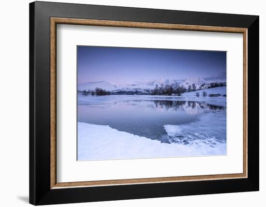 Snowy Peaks are Reflected in the Frozen Lake Jaegervatnet at Dusk, Lapland-Roberto Moiola-Framed Photographic Print