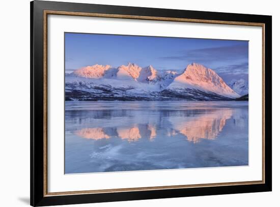 Snowy Peaks are Reflected in the Frozen Lake Jaegervatnet at Sunset, Lapland-Roberto Moiola-Framed Photographic Print