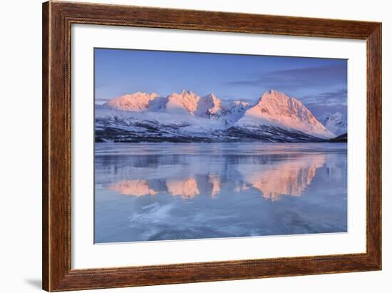 Snowy Peaks are Reflected in the Frozen Lake Jaegervatnet at Sunset, Lapland-Roberto Moiola-Framed Photographic Print