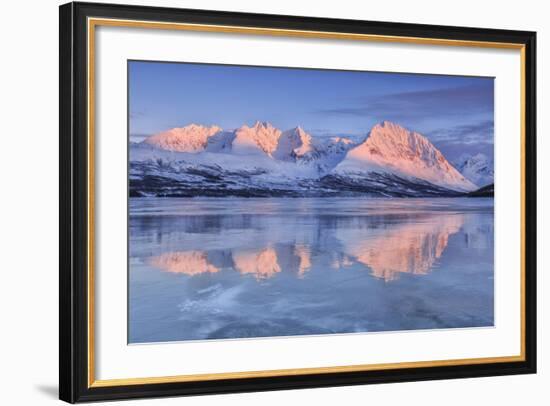 Snowy Peaks are Reflected in the Frozen Lake Jaegervatnet at Sunset, Lapland-Roberto Moiola-Framed Photographic Print