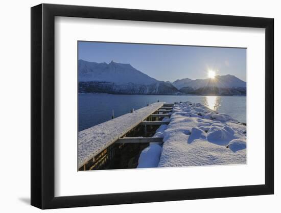 Snowy pier with sun, Buvik, Kvaloy, Troms, Norway-Raimund Linke-Framed Photographic Print