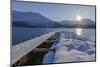 Snowy pier with sun, Buvik, Kvaloy, Troms, Norway-Raimund Linke-Mounted Photographic Print