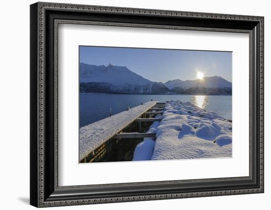 Snowy pier with sun, Buvik, Kvaloy, Troms, Norway-Raimund Linke-Framed Photographic Print