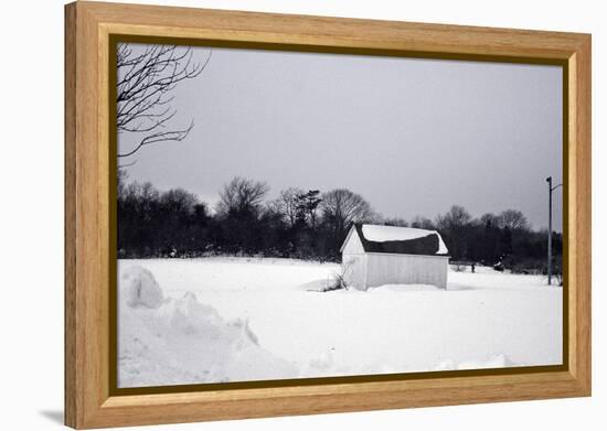 Snowy Scene in Sag Harbor NY b/w-null-Framed Stretched Canvas