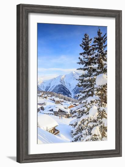 Snowy Woods and Mountain Huts Framed by the Winter Sunset, Bettmeralp, District of Raron-Roberto Moiola-Framed Photographic Print