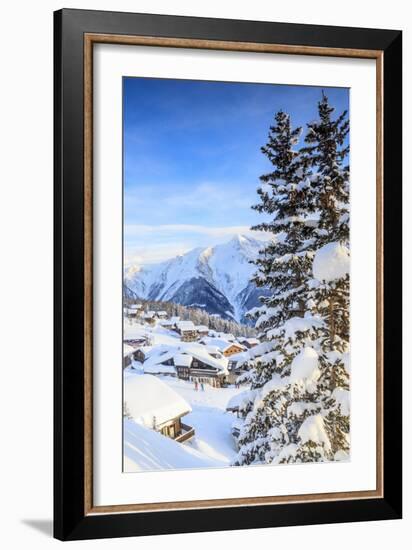 Snowy Woods and Mountain Huts Framed by the Winter Sunset, Bettmeralp, District of Raron-Roberto Moiola-Framed Photographic Print