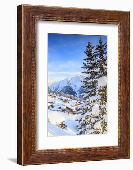 Snowy Woods and Mountain Huts Framed by the Winter Sunset, Bettmeralp, District of Raron-Roberto Moiola-Framed Photographic Print