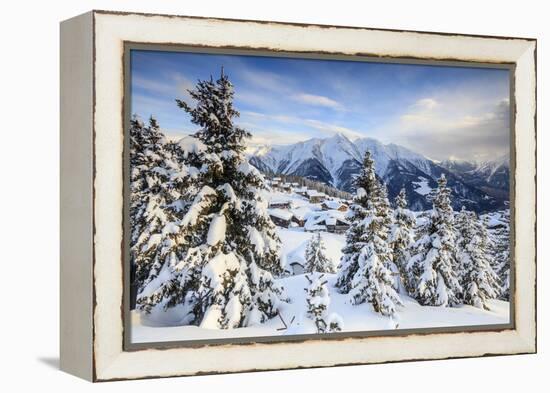 Snowy Woods and Mountain Huts Framed by the Winter Sunset, Bettmeralp, District of Raron-Roberto Moiola-Framed Premier Image Canvas